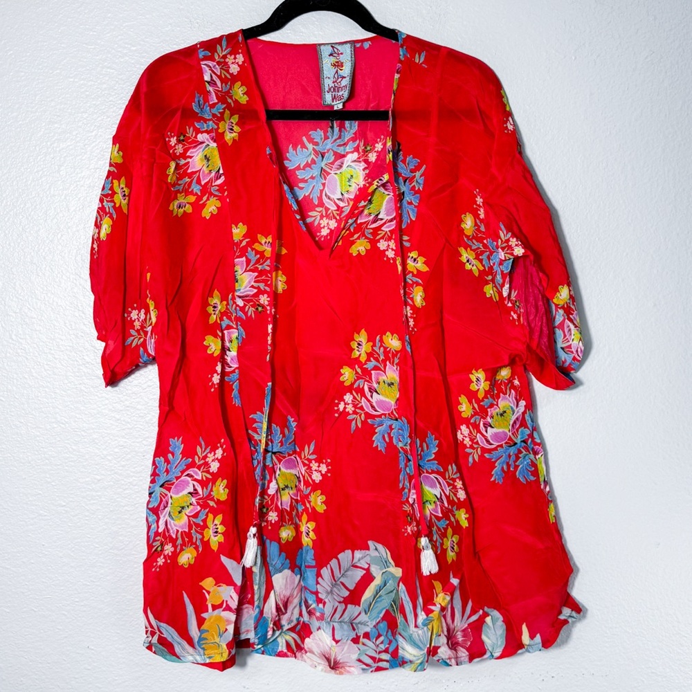 Johnny Was Hot Pink Floral Short Sleeve Flowy Blouse